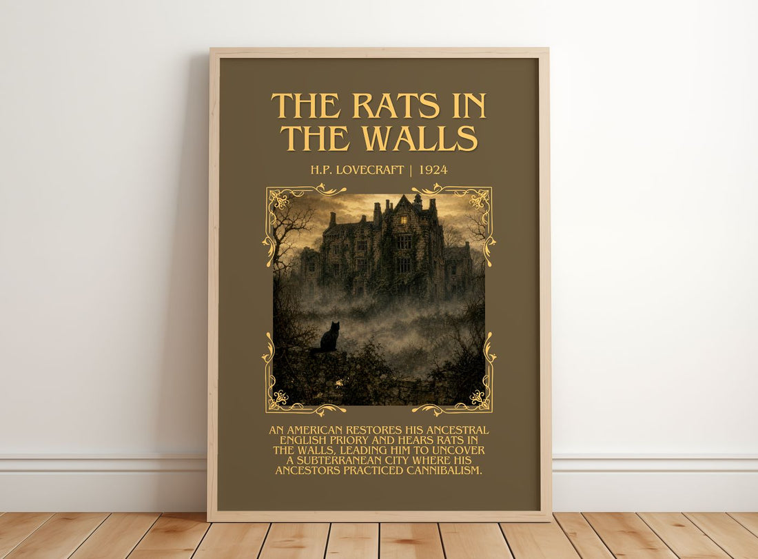 The Rats In The Walls Minimalist Book Poster by H.P. Lovecraft – framed print leaning on a wooden floor