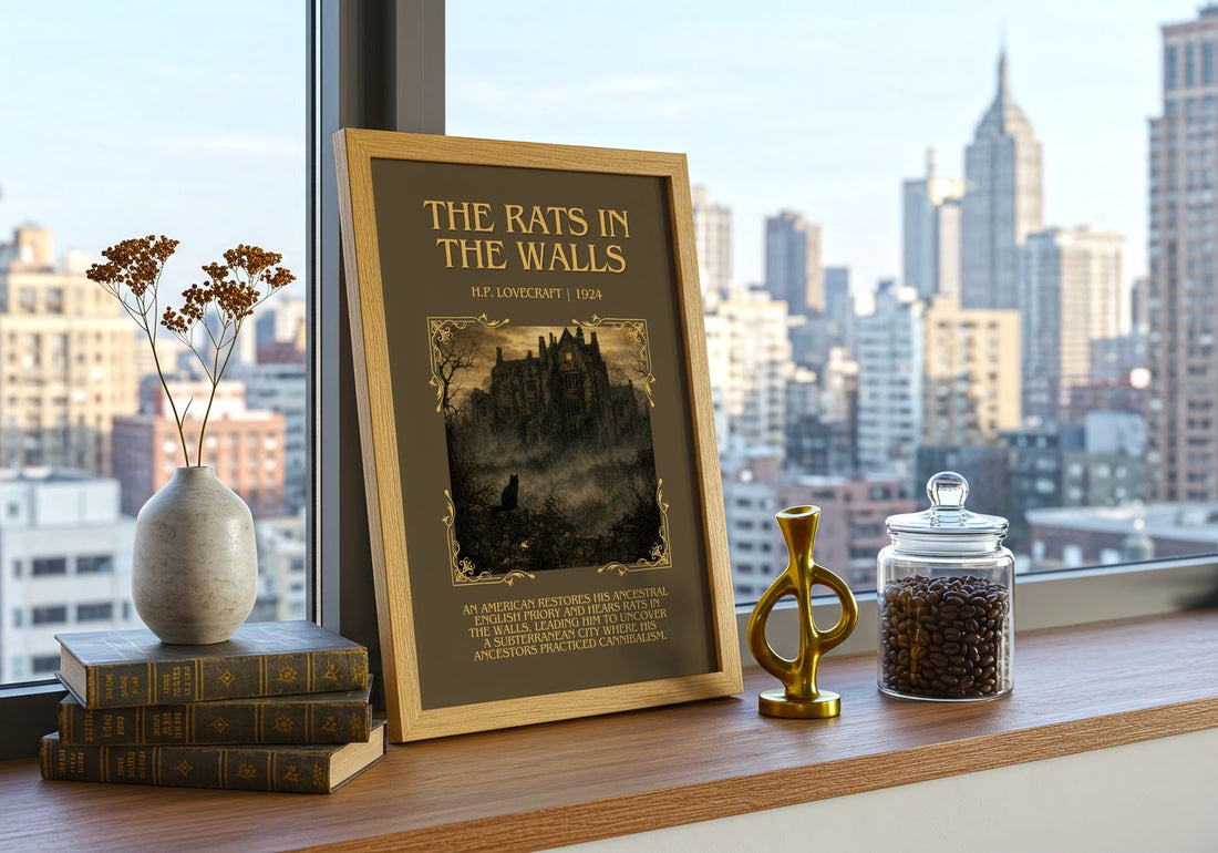 The Rats In The Walls Minimalist Book Poster by H.P. Lovecraft – framed print on a city-view windowsill