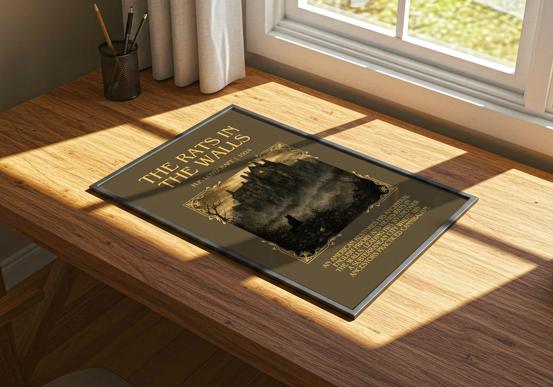 The Rats In The Walls Minimalist Book Poster by H.P. Lovecraft – print on a sunlit desk
