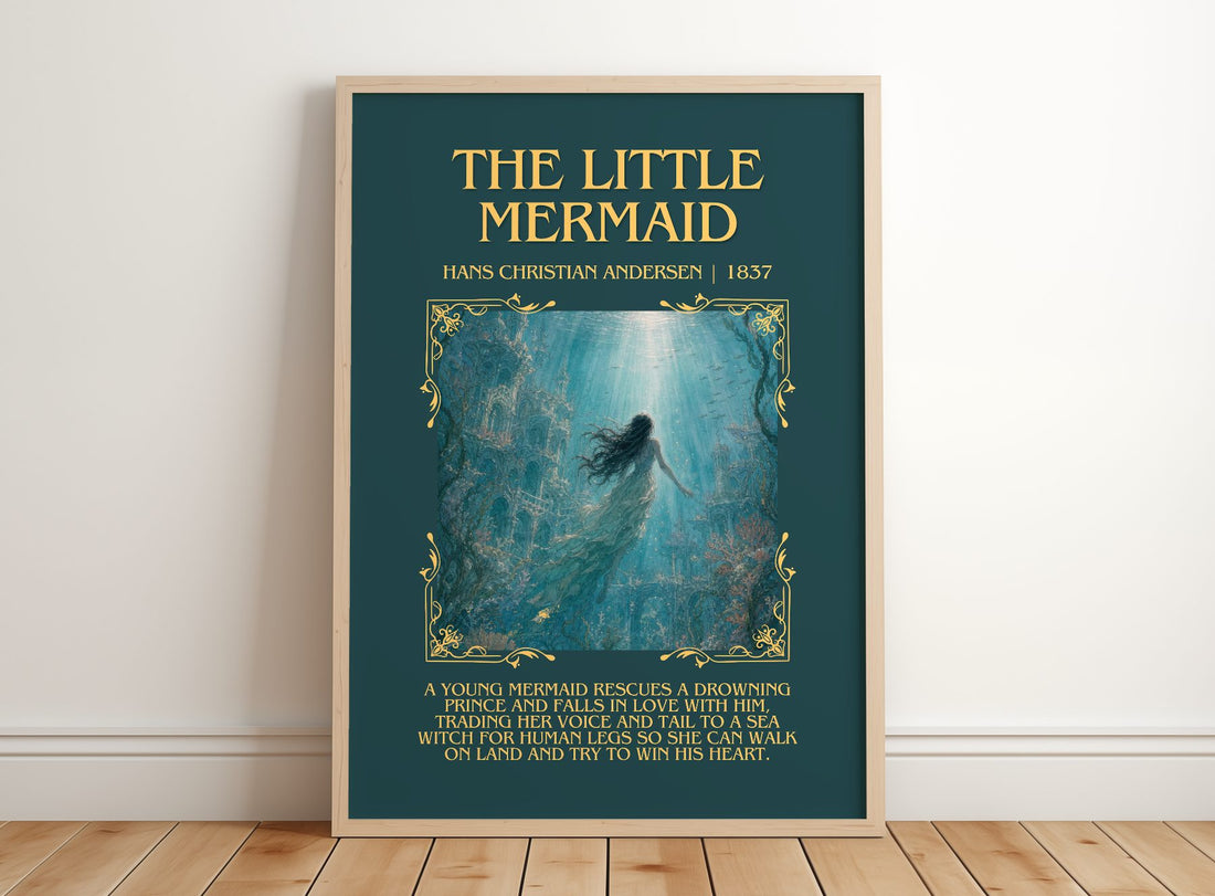 The Little Mermaid Minimalist Book Poster by Hans Christian Andersen – framed print leaning on a wooden floor