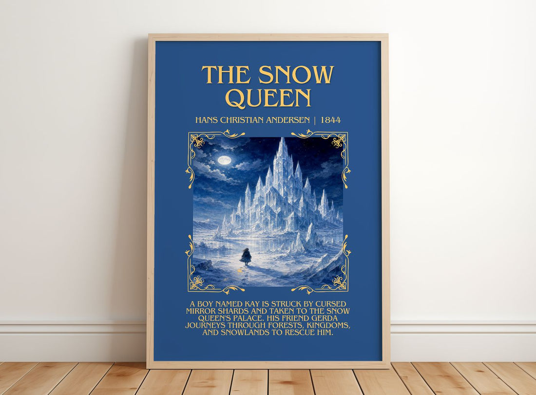 The Snow Queen Minimalist Book Poster by Hans Christian Andersen – framed print leaning on a wooden floor