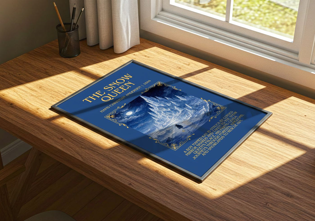 The Snow Queen Minimalist Book Poster by Hans Christian Andersen – print on a sunlit desk