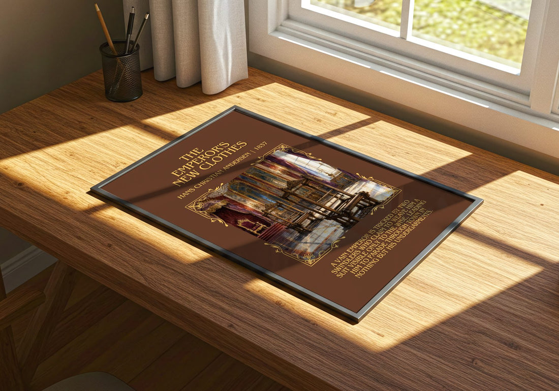 Emperor'S New Clothes Minimalist Book Poster by H. Andersen – print on a sunlit desk