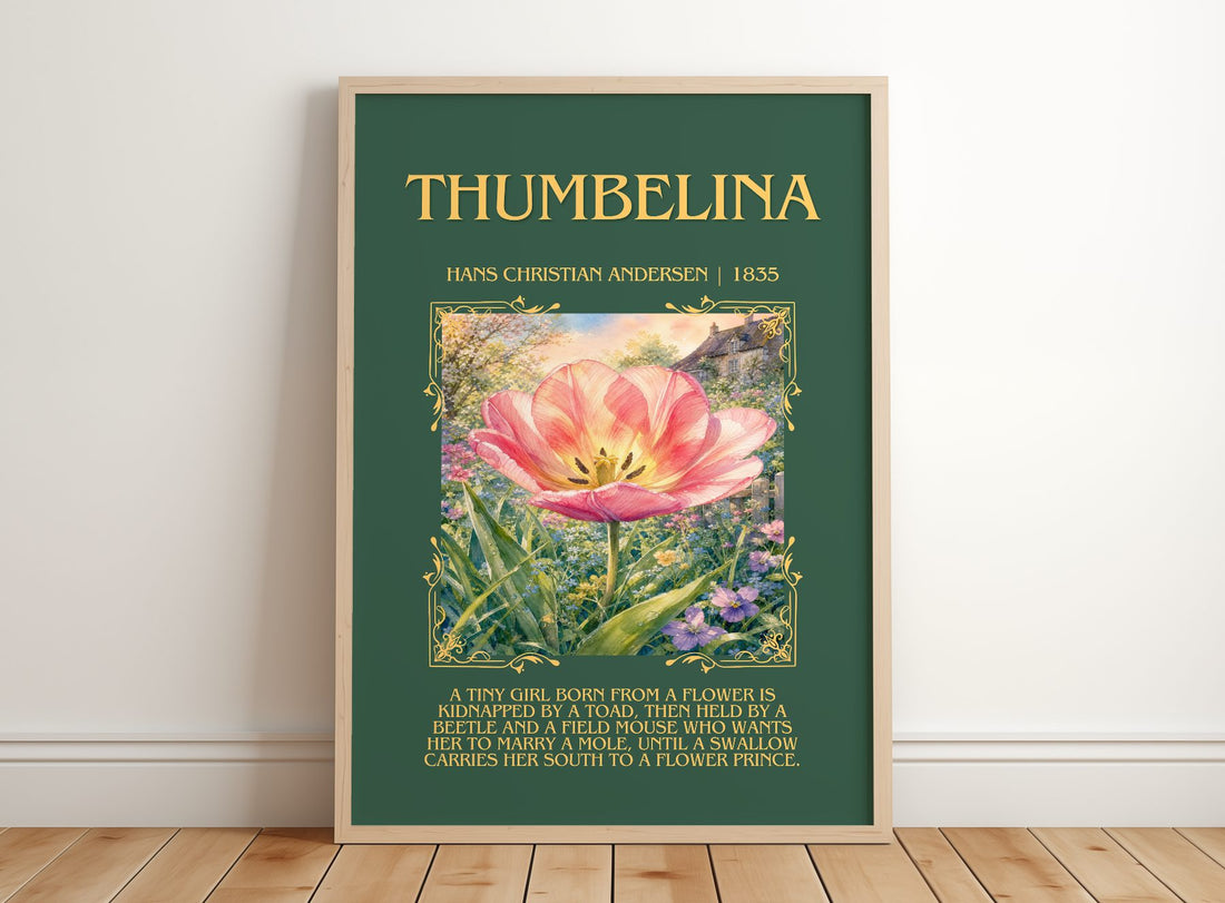 Thumbelina Minimalist Book Poster by Hans Christian Andersen – framed print leaning on a wooden floor