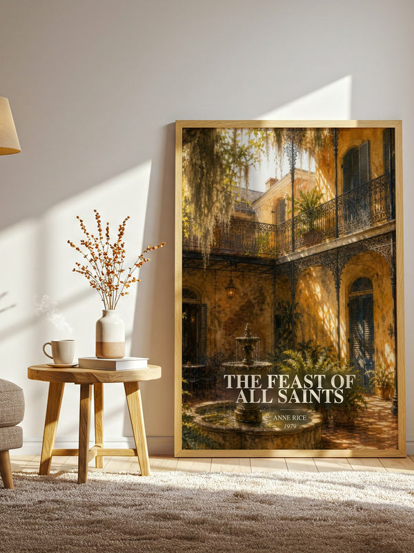 The Feast Of All Saints watercolour print in frame leaning in hallway – historical fiction wall art