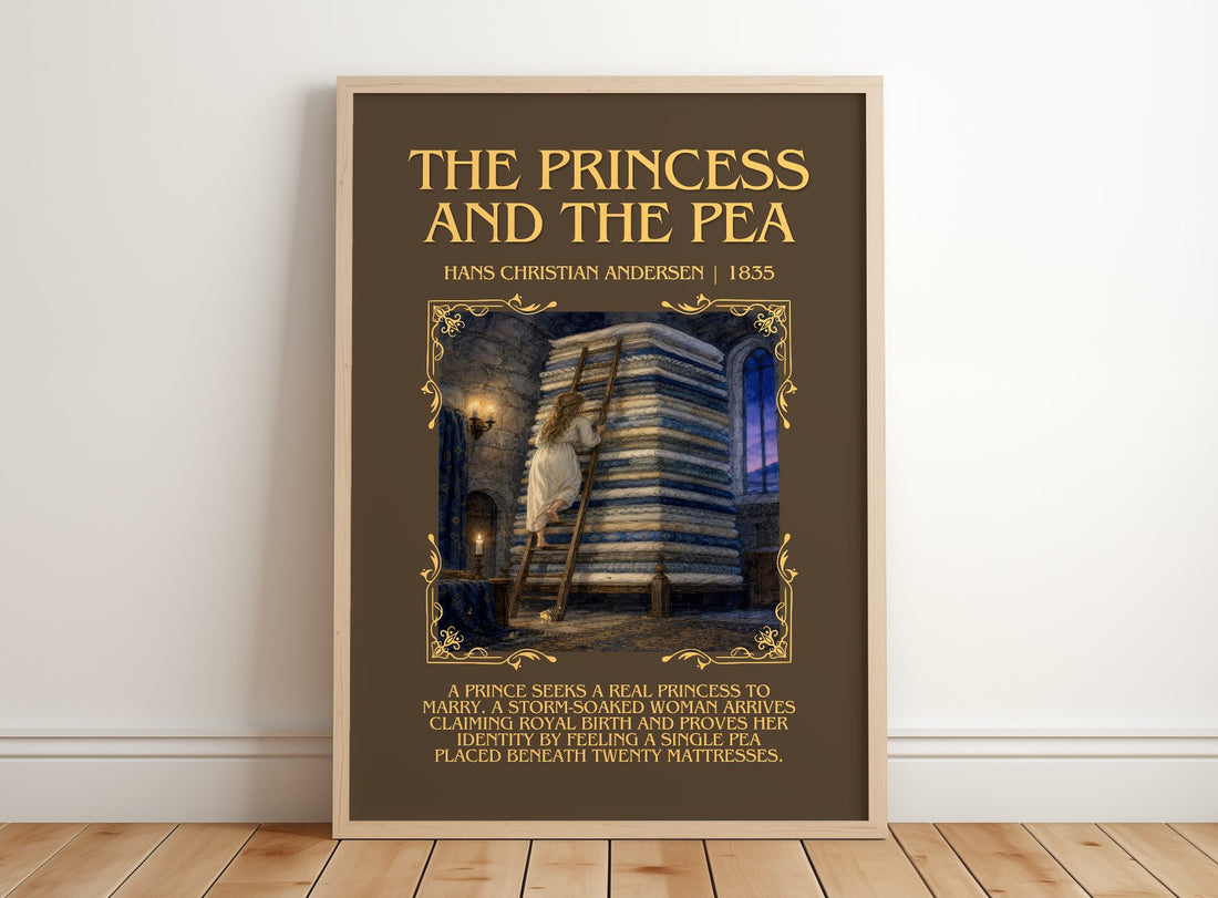Princess And The Pea Minimalist Book Poster by Hans Christian Andersen – framed print leaning on a wooden floor