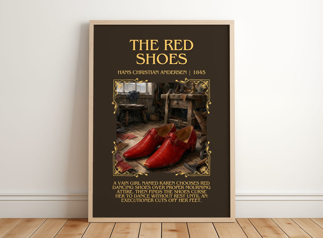 The Red Shoes Minimalist Book Poster by Hans Christian Andersen – framed print leaning on a wooden floor