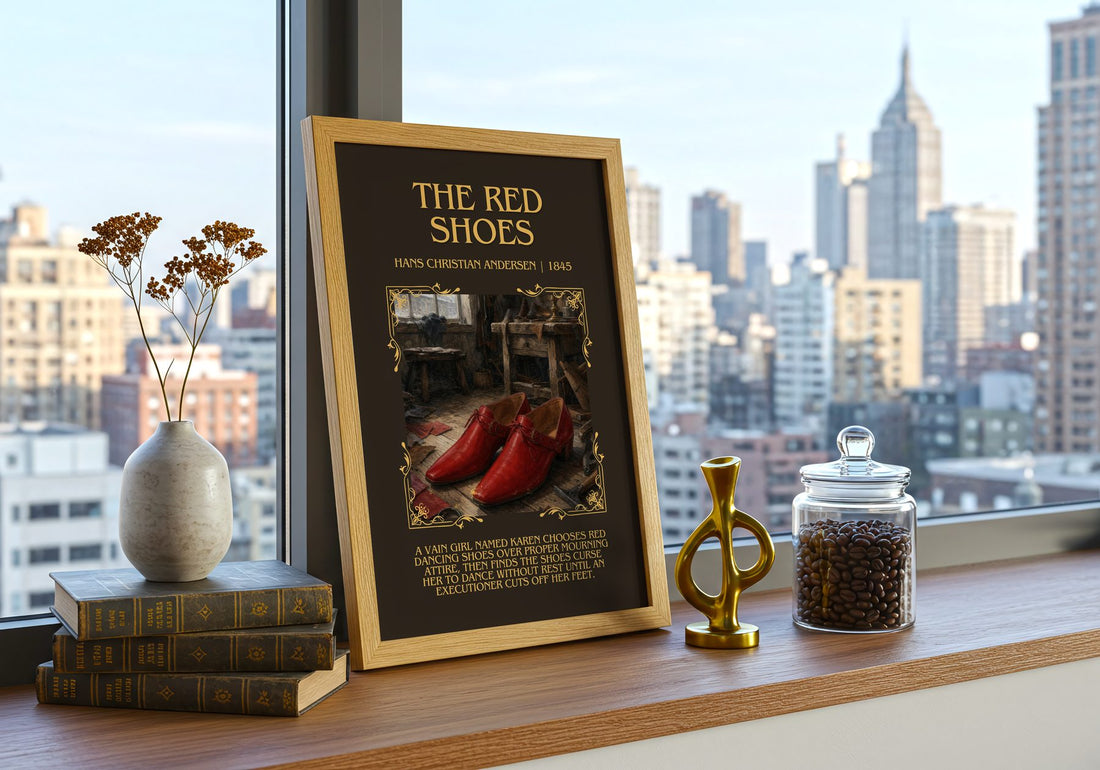 The Red Shoes Minimalist Book Poster by Hans Christian Andersen – framed print on a city-view windowsill