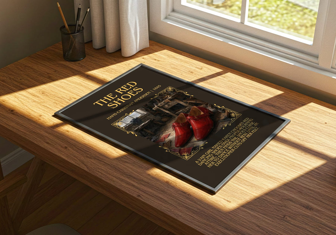 The Red Shoes Minimalist Book Poster by Hans Christian Andersen – print on a sunlit desk