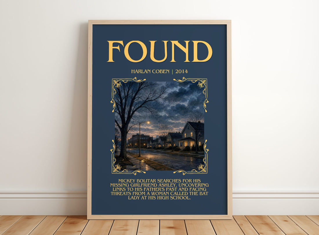 Found Minimalist Book Poster by Harlan Coben – framed print leaning on a wooden floor