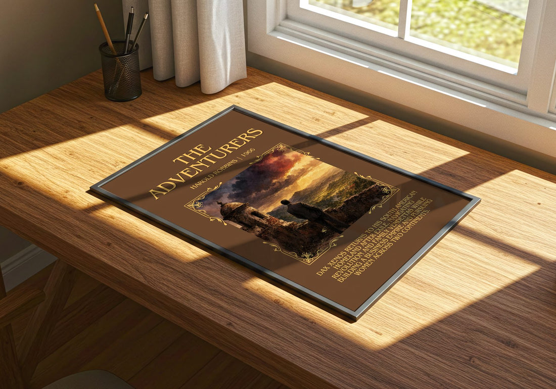 The Adventurers Minimalist Book Poster by Harold Robbins – print on a sunlit desk