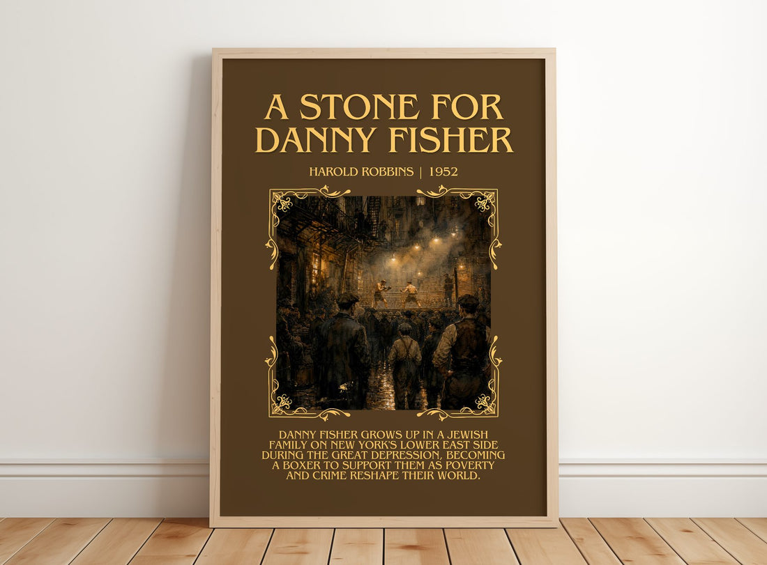 A Stone For Danny Fisher Minimalist Book Poster by Harold Robbins – framed print leaning on a wooden floor