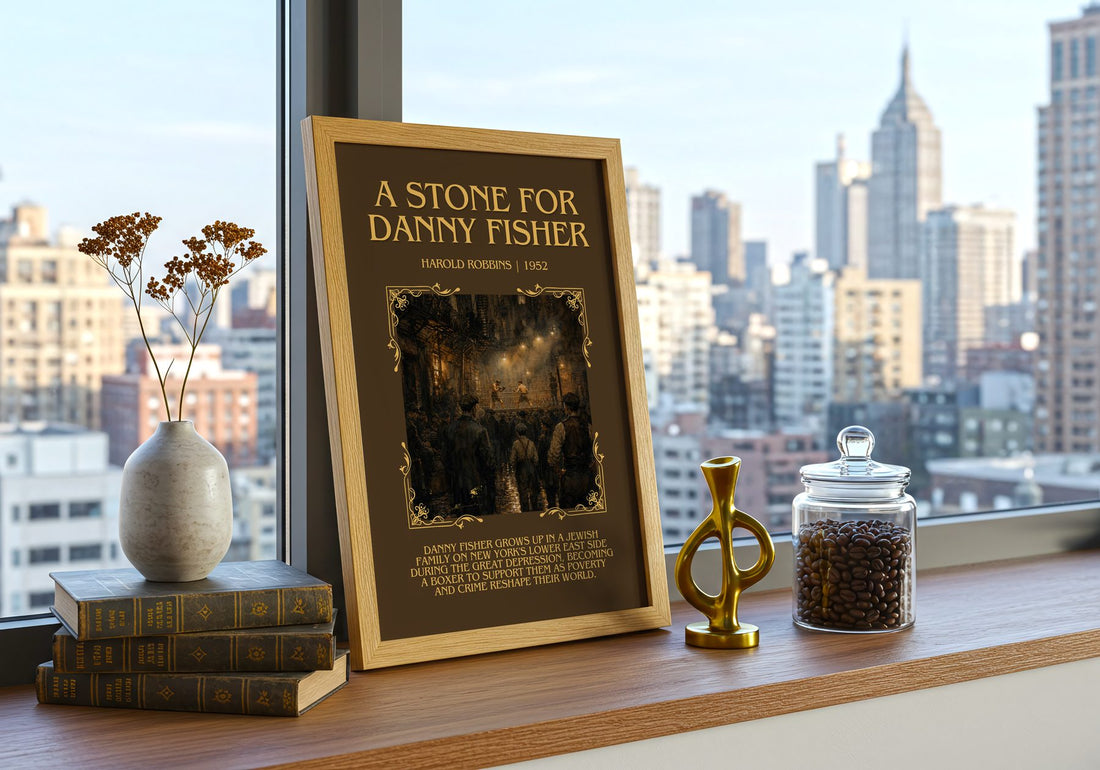 A Stone For Danny Fisher Minimalist Book Poster by Harold Robbins – framed print on a city-view windowsill