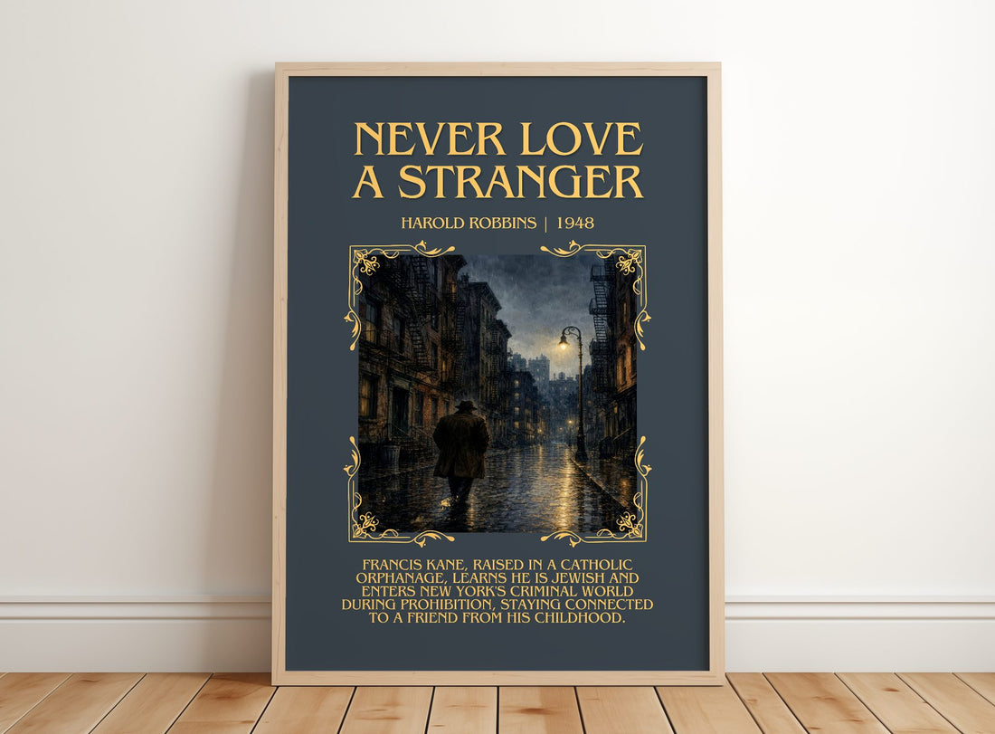 Never Love A Stranger Minimalist Book Poster by Harold Robbins – framed print leaning on a wooden floor