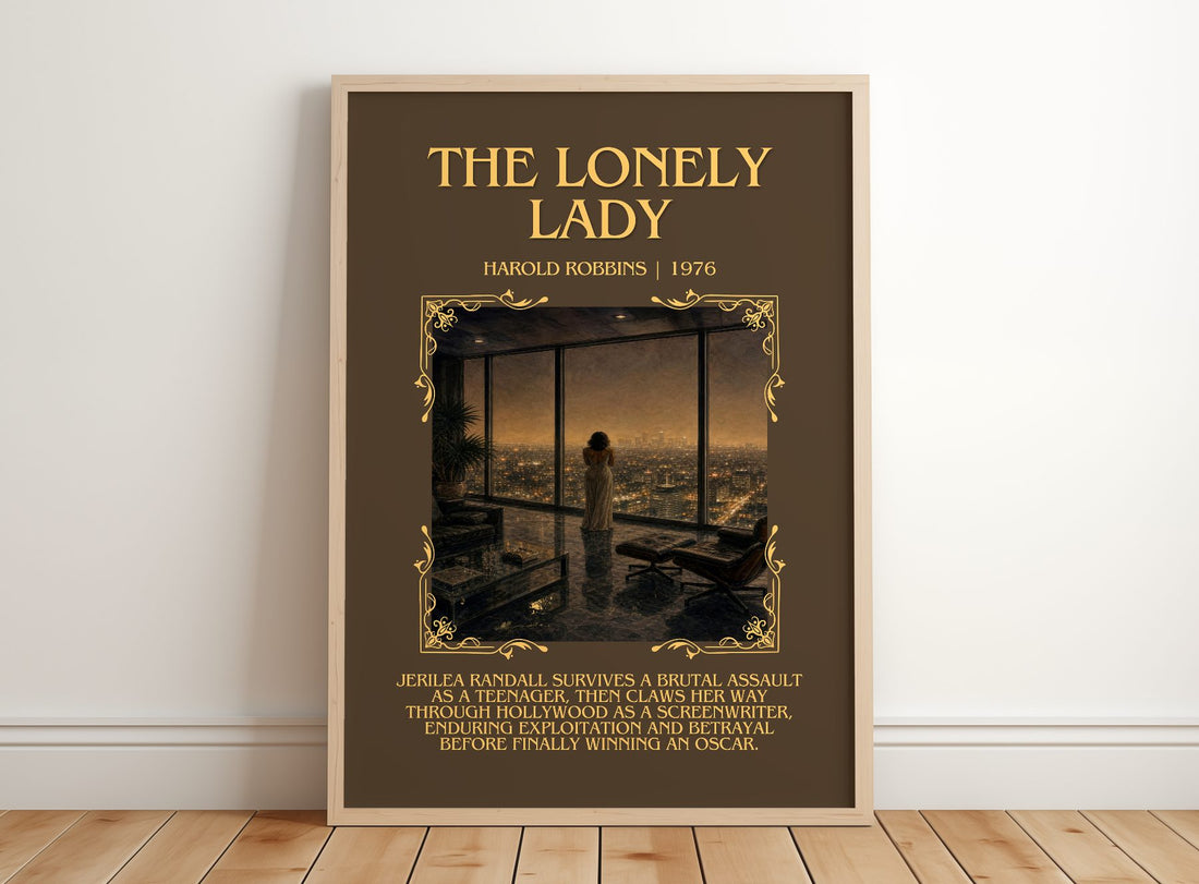 The Lonely Lady Minimalist Book Poster by Harold Robbins – framed print leaning on a wooden floor