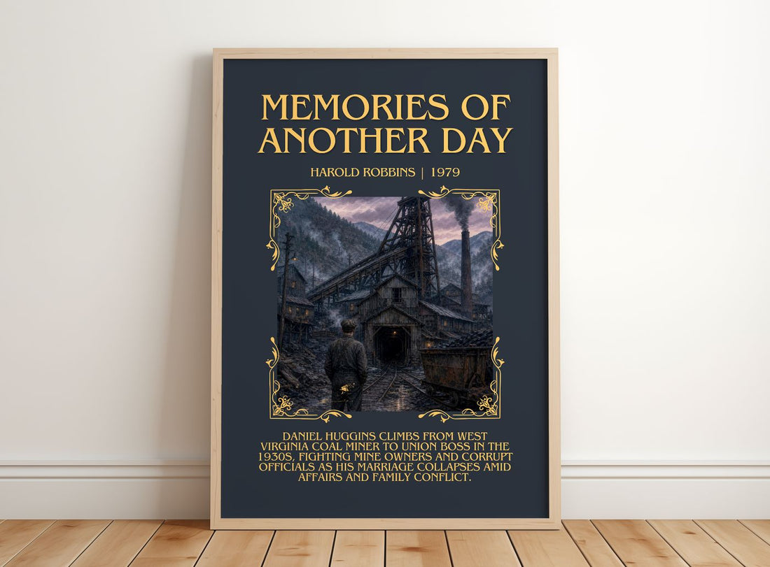 Memories Of Another Day Minimalist Book Poster by Harold Robbins – framed print leaning on a wooden floor