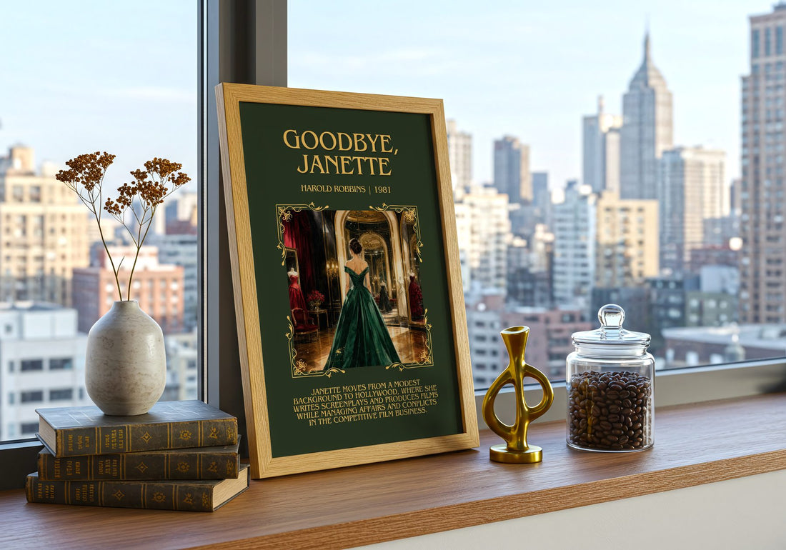Goodbye, Janette Minimalist Book Poster by Harold Robbins – framed print on a city-view windowsill
