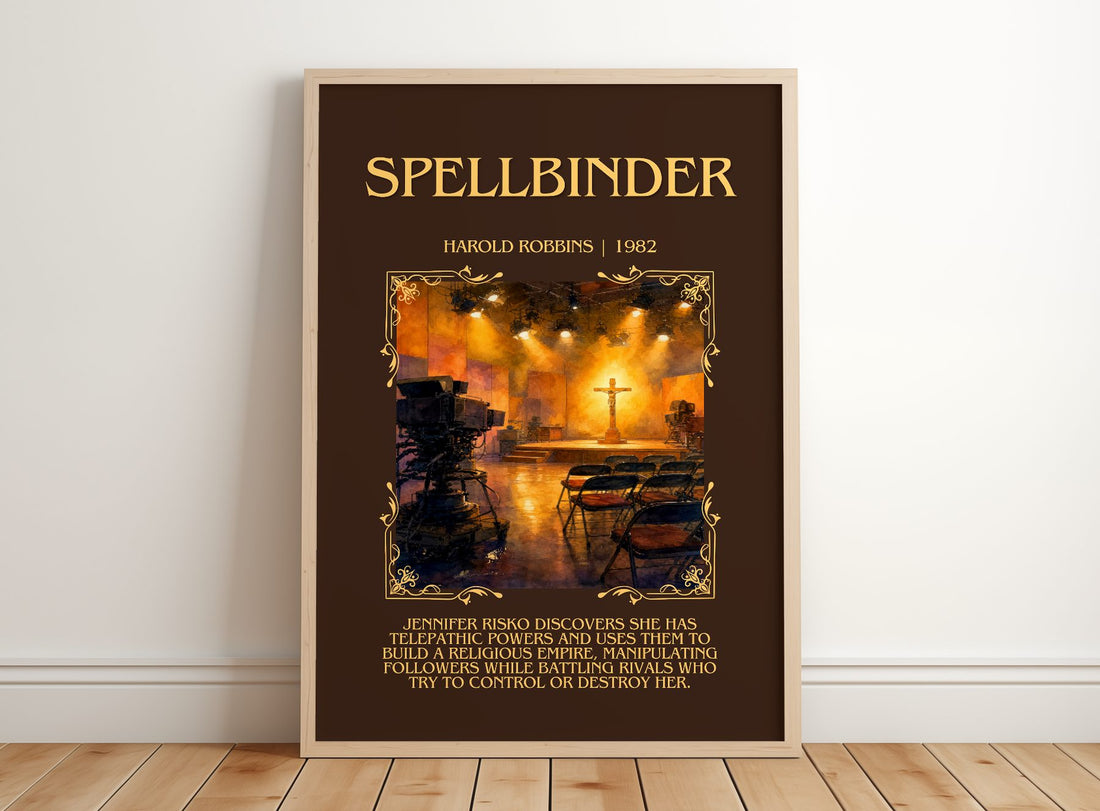 Spellbinder Minimalist Book Poster by Harold Robbins – framed print leaning on a wooden floor