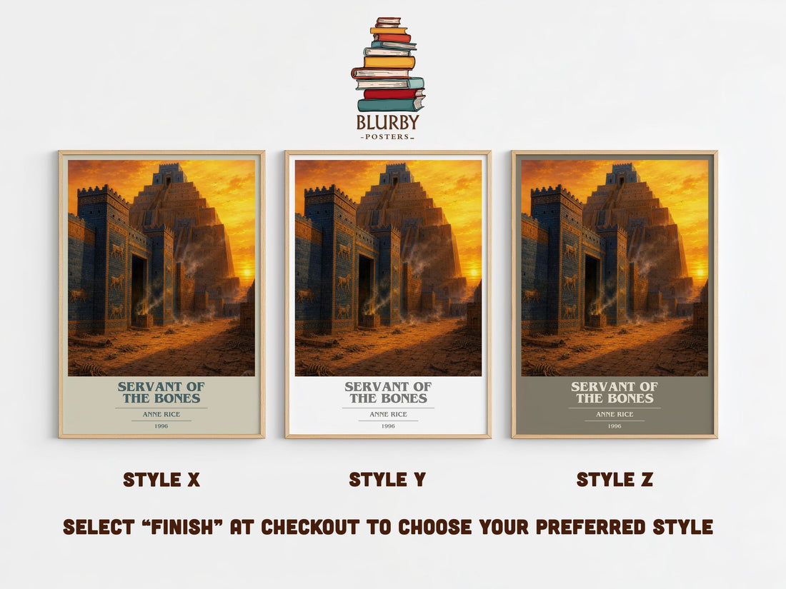 Servant Of The Bones book cover print in frame leaning in hallway – horror wall art (mockup)