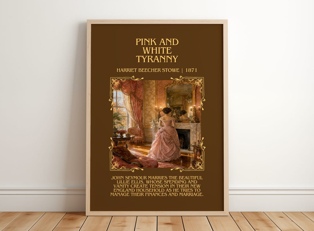 Pink And White Tyranny Minimalist Book Poster by Harriet Beecher Stowe – framed print leaning on a wooden floor