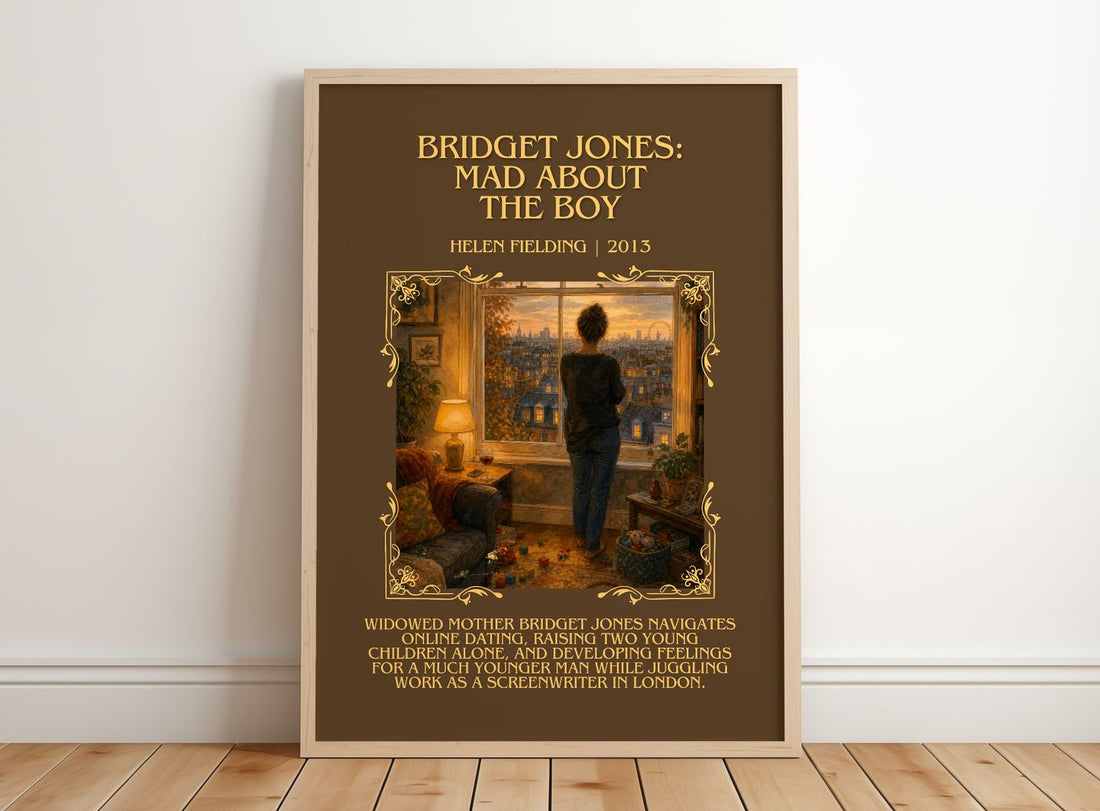 Bridget Jones: Mad About The Boy Minimalist Book Poster by H. Fielding – framed print leaning on a wooden floor