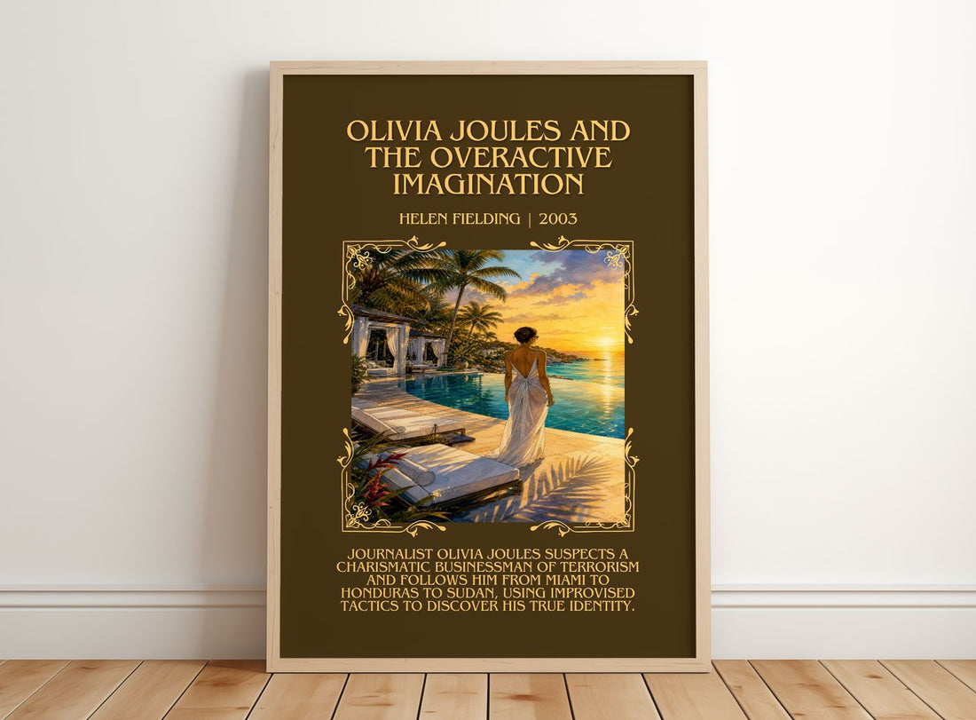 Olivia Joules And The Overactive Imagination Minimalist Book Poster – – framed print leaning on a wooden floor