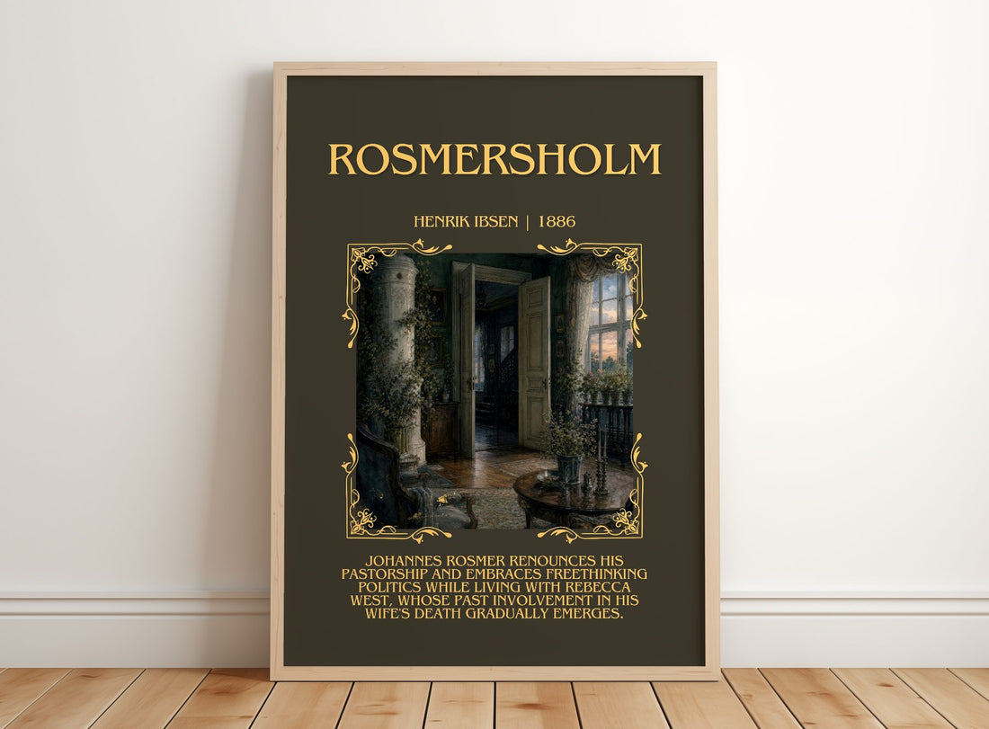 Rosmersholm Minimalist Book Poster by Henrik Ibsen – framed print leaning on a wooden floor