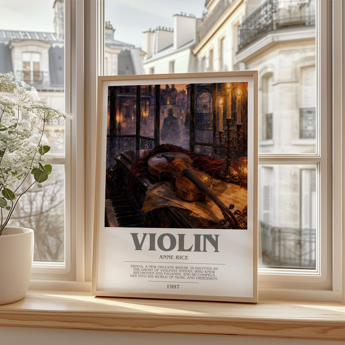 Violin bookish print in frame leaning in hallway – horror wall art