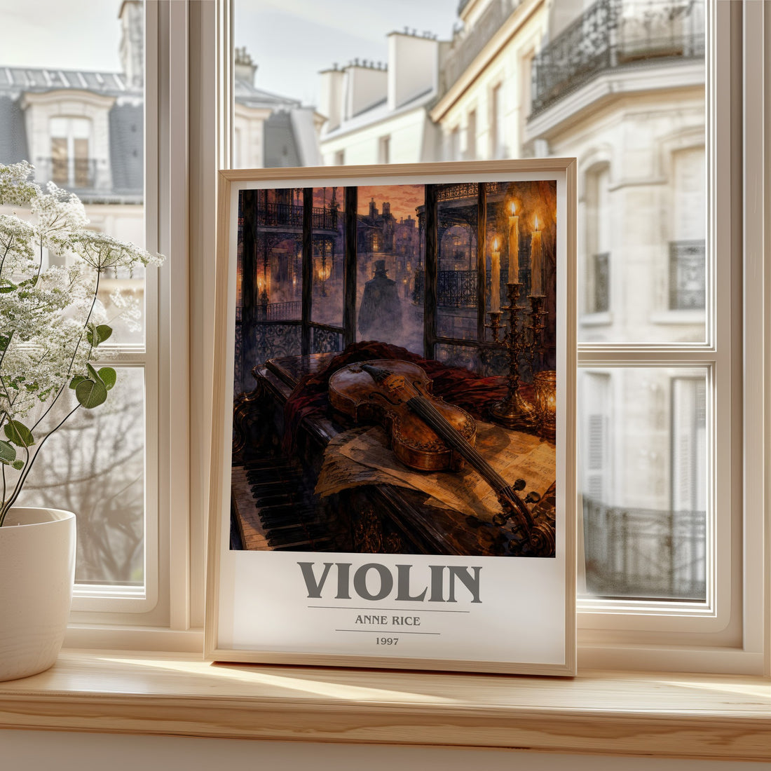 Violin book cover print in frame leaning in hallway – horror wall art