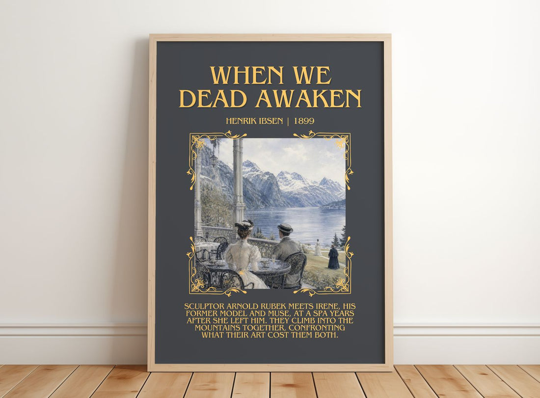 When We Dead Awaken Minimalist Book Poster by Henrik Ibsen – framed print leaning on a wooden floor