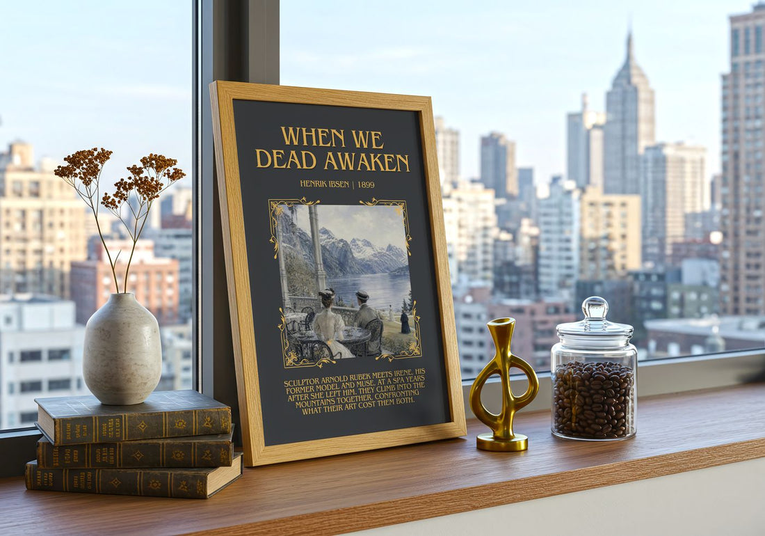 When We Dead Awaken Minimalist Book Poster by Henrik Ibsen – framed print on a city-view windowsill