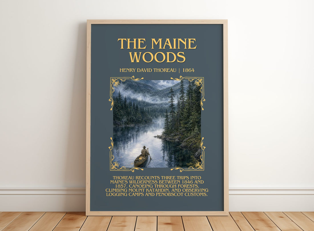 The Maine Woods Minimalist Book Poster by Henry David Thoreau – framed print leaning on a wooden floor