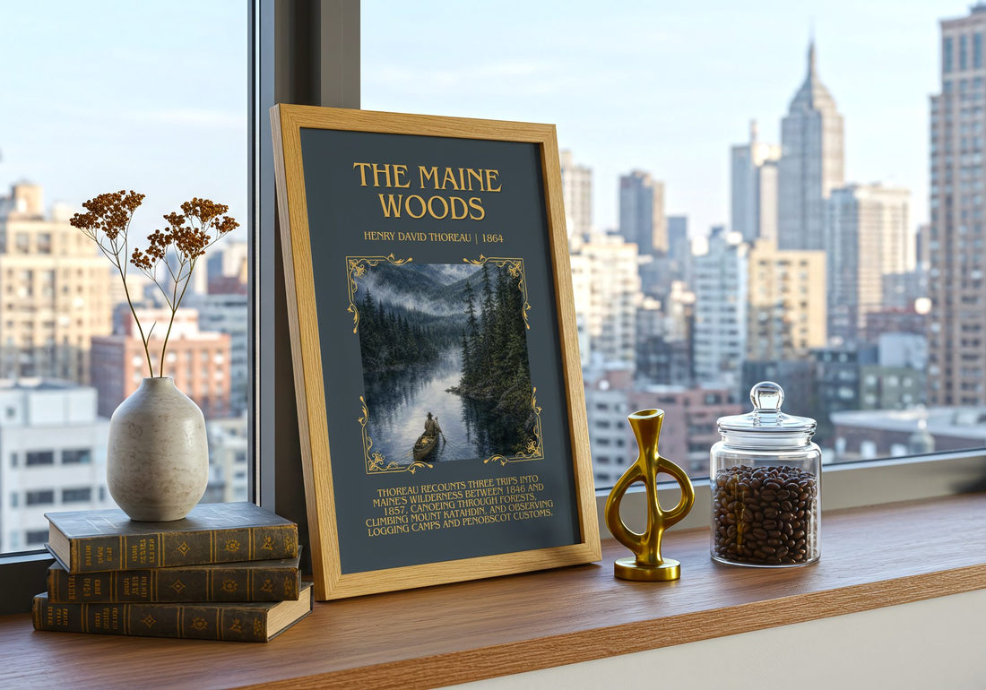 The Maine Woods Minimalist Book Poster by Henry David Thoreau – framed print on a city-view windowsill