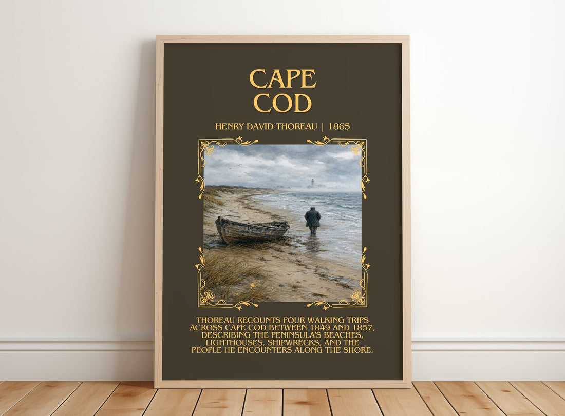 Cape Cod Minimalist Book Poster by Henry David Thoreau – framed print leaning on a wooden floor