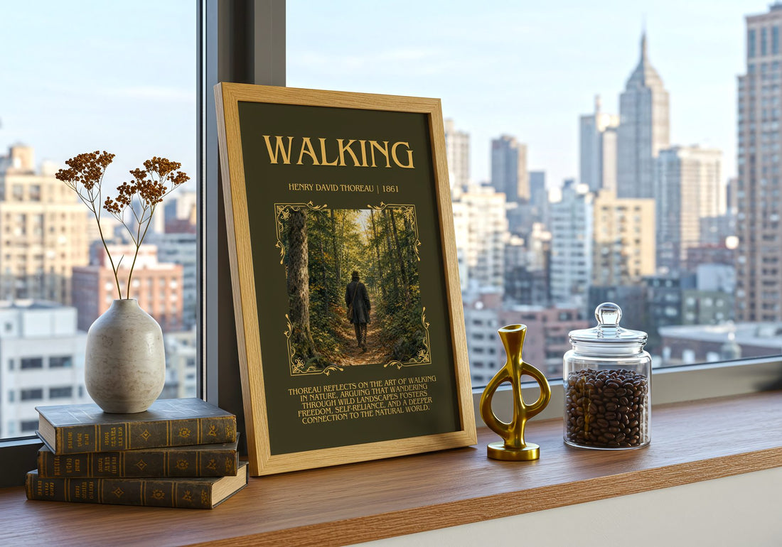 Walking Minimalist Book Poster by Henry David Thoreau – framed print on a city-view windowsill