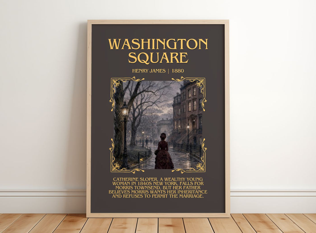 Washington Square Minimalist Book Poster by Henry James – framed print leaning on a wooden floor