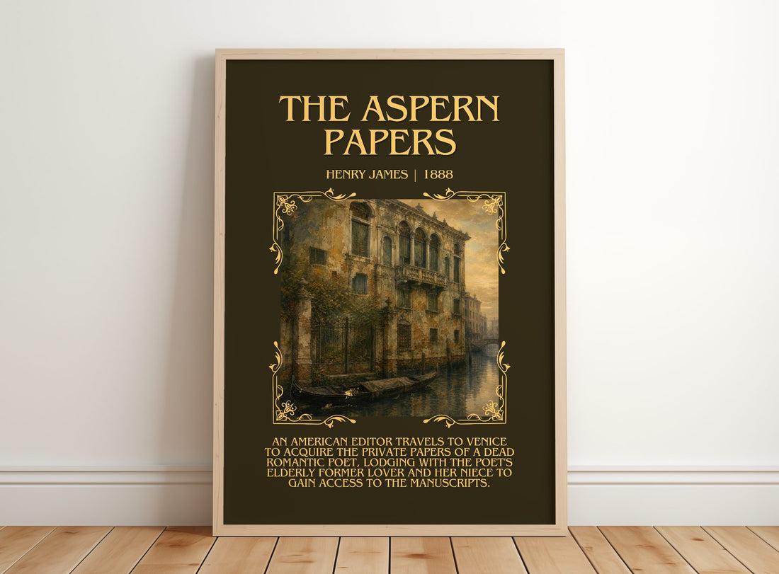 The Aspern Papers Minimalist Book Poster by Henry James – framed print leaning on a wooden floor