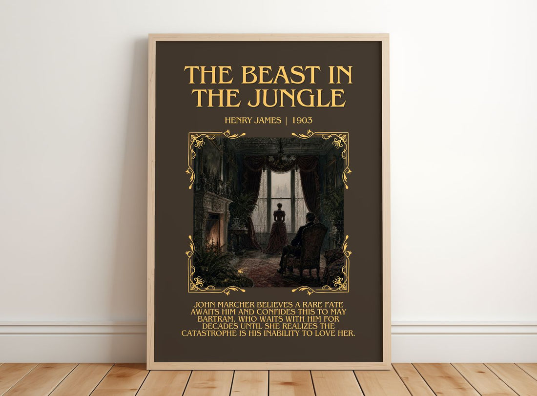 The Beast In The Jungle Minimalist Book Poster by Henry James – framed print leaning on a wooden floor