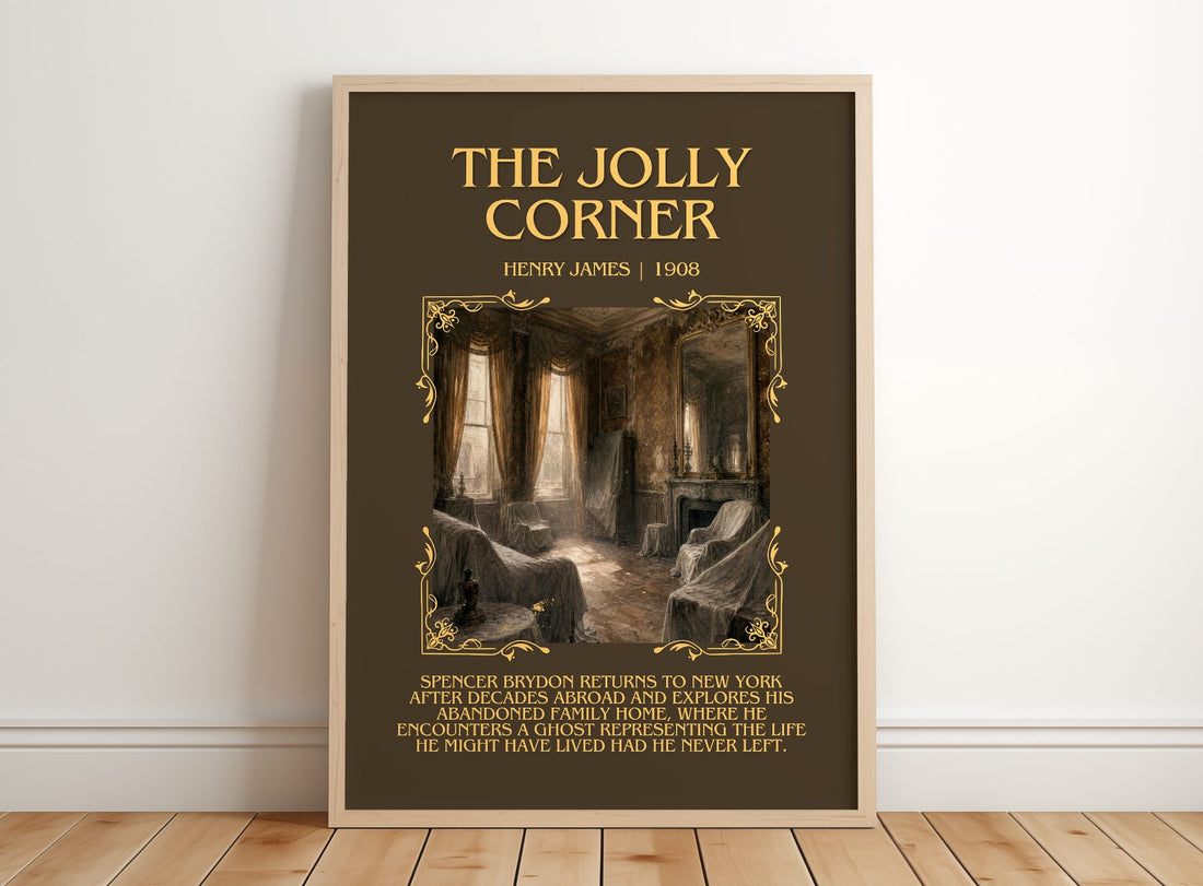 The Jolly Corner Minimalist Book Poster by Henry James – framed print leaning on a wooden floor
