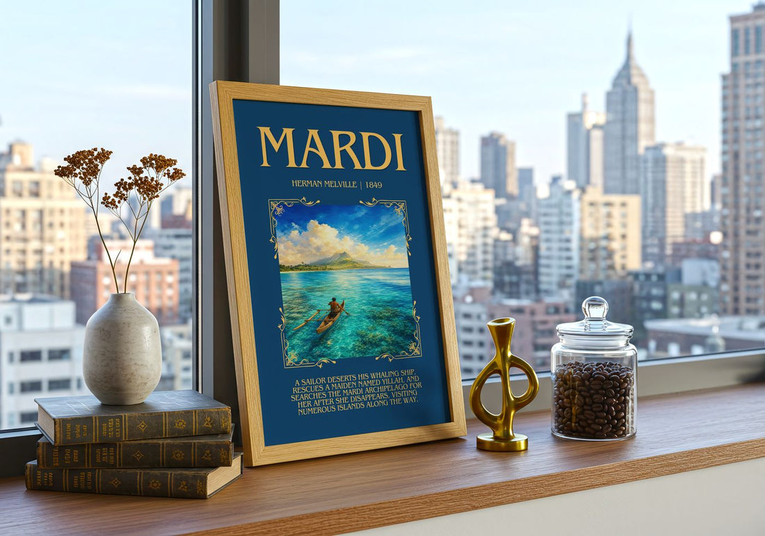 Mardi Minimalist Book Poster by Herman Melville – framed print on a city-view windowsill