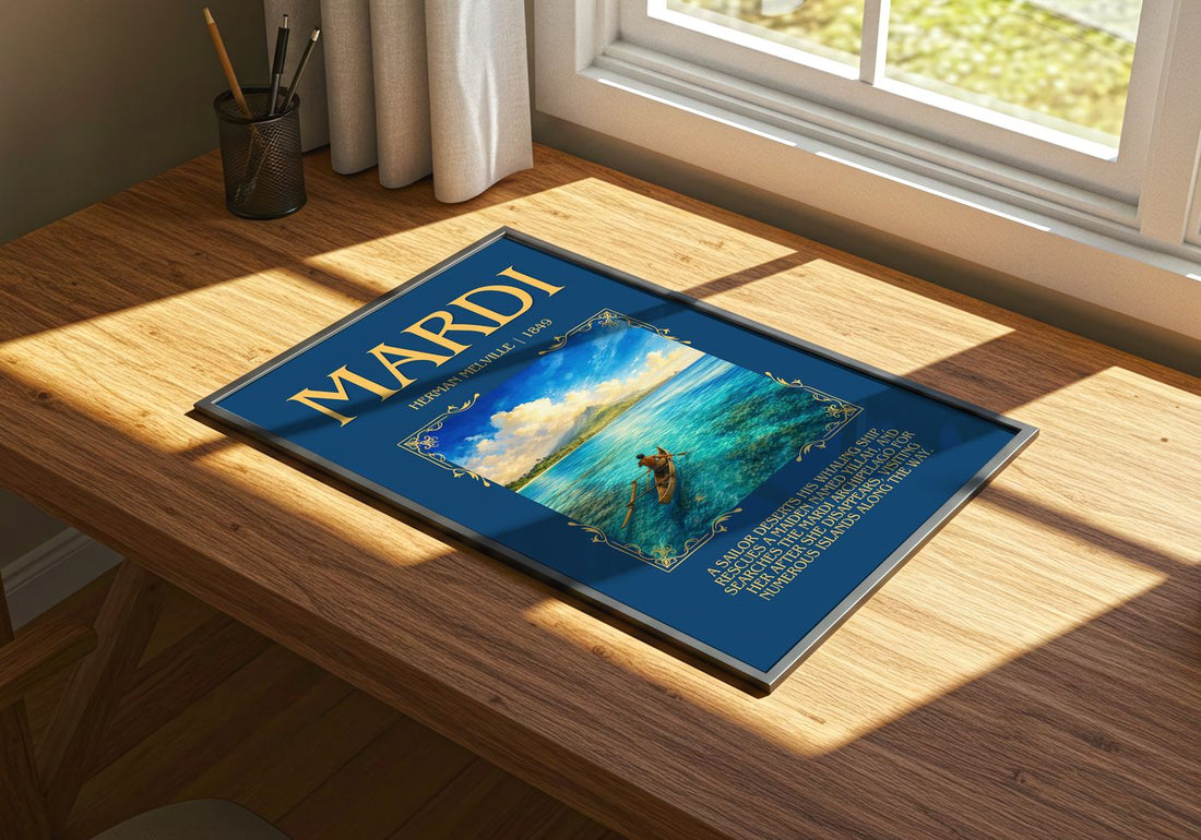 Mardi Minimalist Book Poster by Herman Melville – print on a sunlit desk