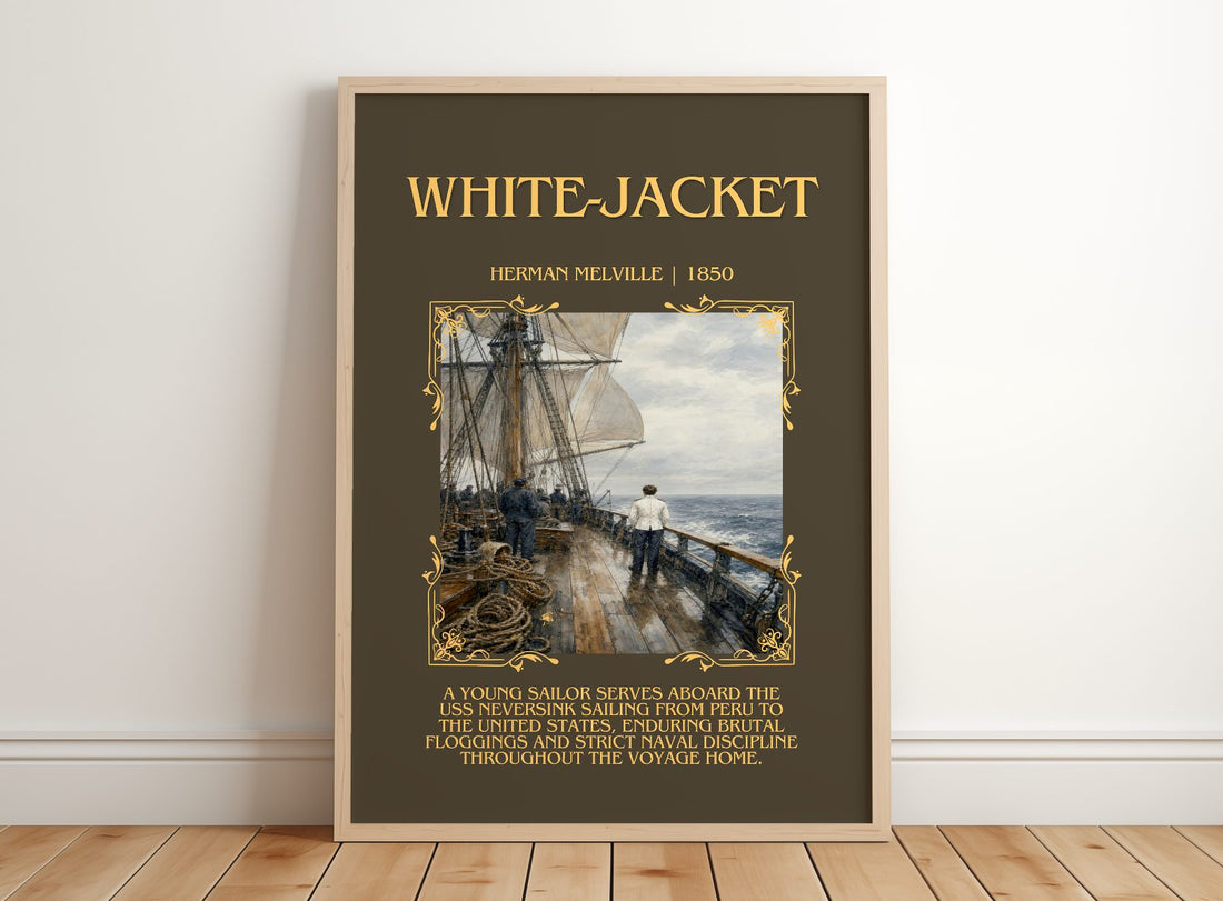White-Jacket Minimalist Book Poster by Herman Melville – framed print leaning on a wooden floor