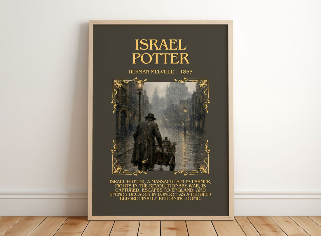 Israel Potter Minimalist Book Poster by Herman Melville – framed print leaning on a wooden floor
