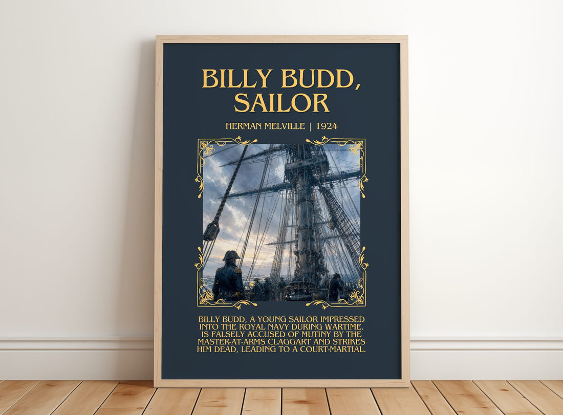 Billy Budd, Sailor Minimalist Book Poster by Herman Melville – framed print leaning on a wooden floor