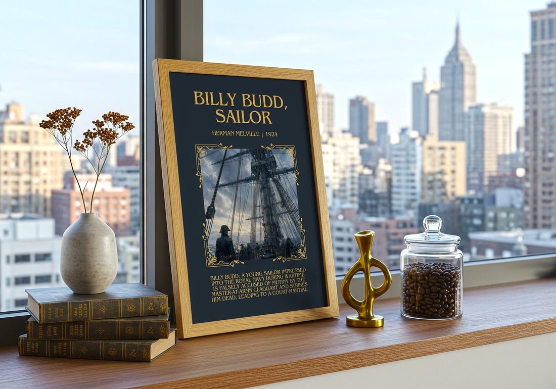 Billy Budd, Sailor Minimalist Book Poster by Herman Melville – framed print on a city-view windowsill