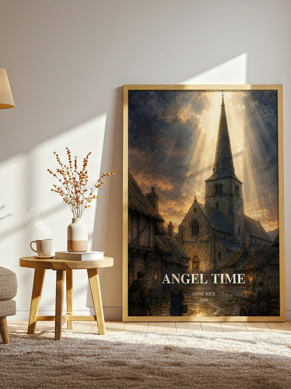 Angel Time watercolour print in frame leaning in hallway – fantasy wall art