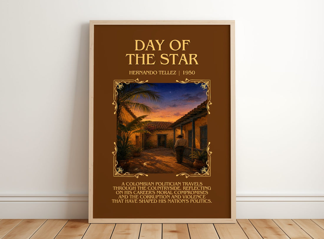 Day Of The Star Minimalist Book Poster by Hernando Téllez – framed print leaning on a wooden floor