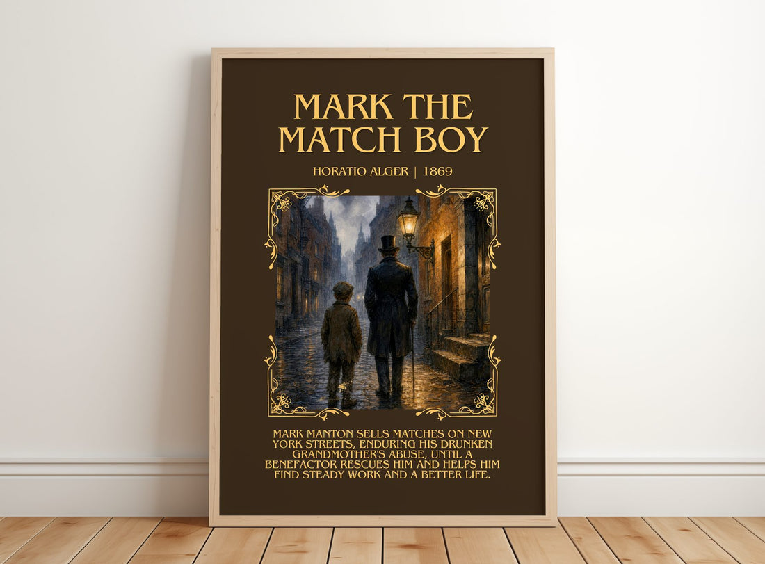 Mark The Match Boy Minimalist Book Poster by Horatio Alger – framed print leaning on a wooden floor