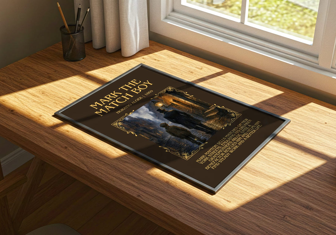 Mark The Match Boy Minimalist Book Poster by Horatio Alger – print on a sunlit desk