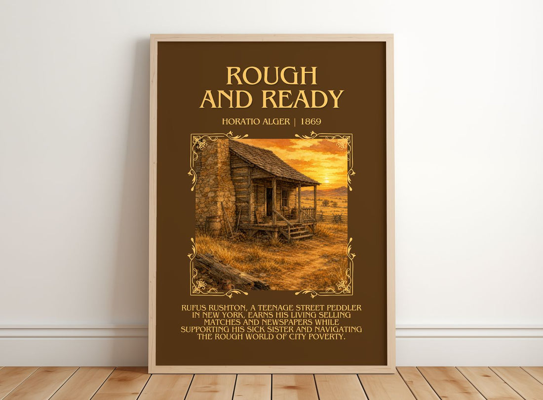 Rough And Ready Minimalist Book Poster by Horatio Alger – framed print leaning on a wooden floor